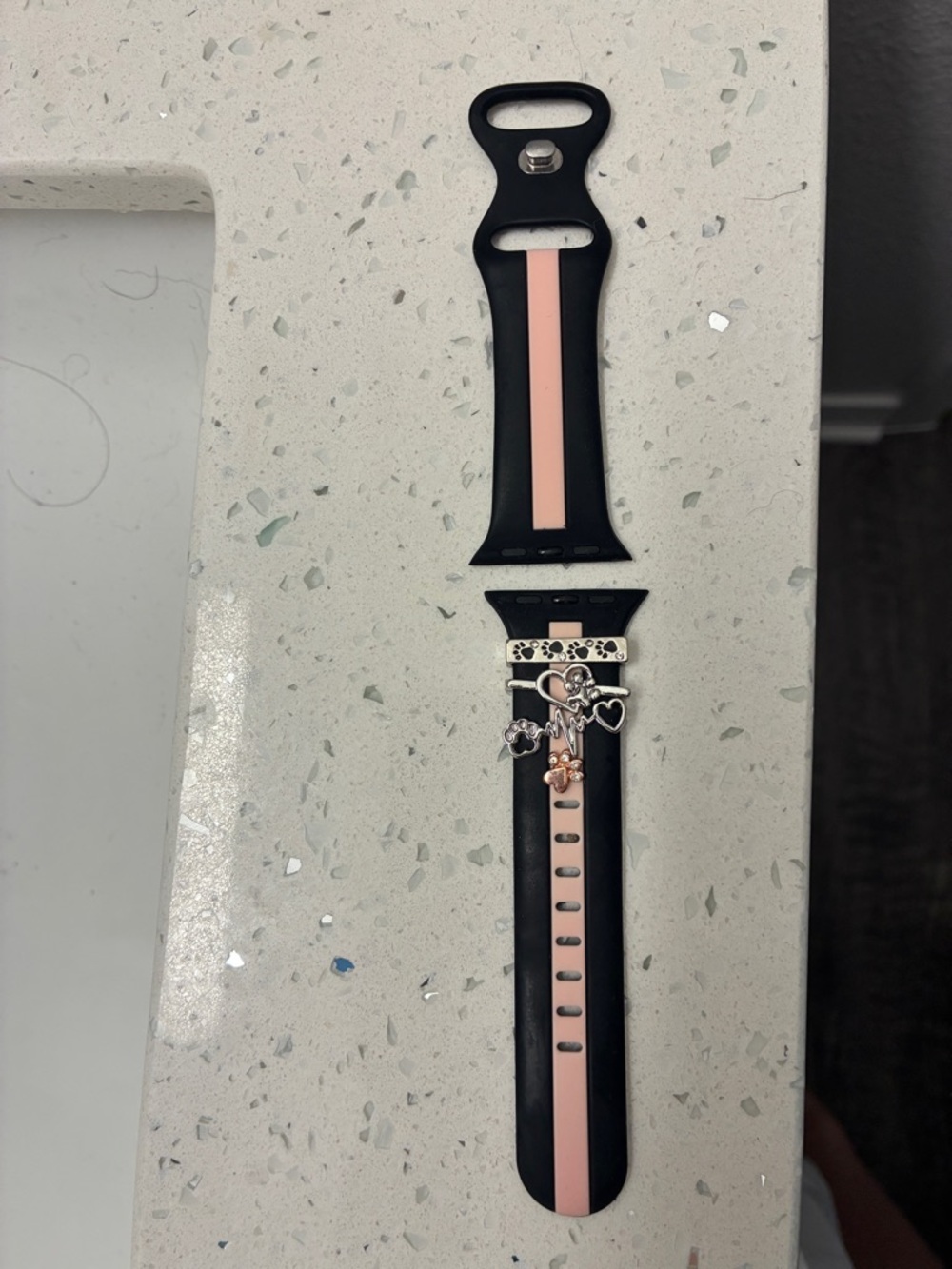 Pink Center Stripe Black Silicone Apple Watch Band with Charms